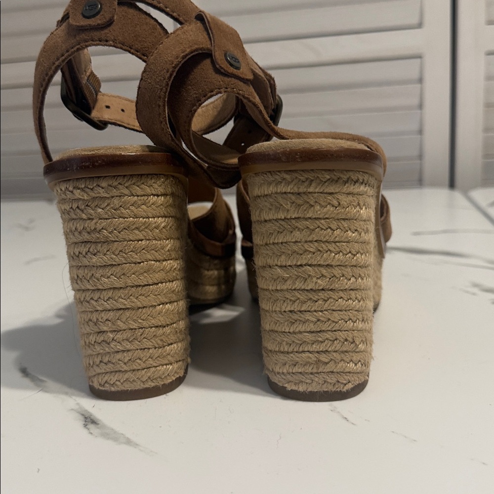 Ugg Tan Suede Wedge Ankle Wrap Sandals. Size 9-1/2 - Picture 13 of 15